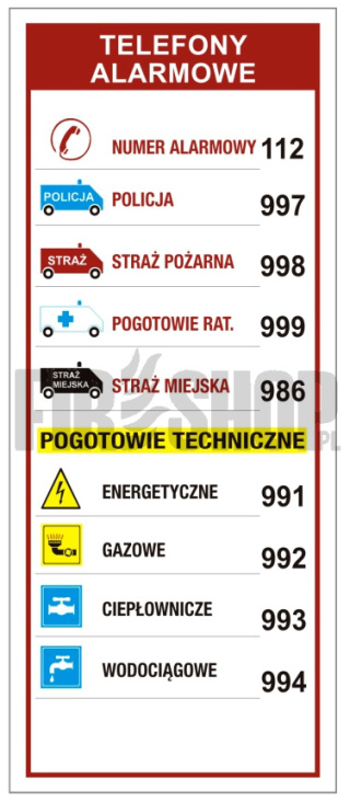 Znak 12S Telefony alarmowe EXTRA 67x160mm folia