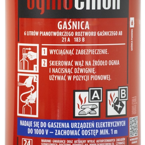 Gaśnica pianowa GPN-6x AB - etykieta z grupami pożarów AB i instrukcją użytkowania