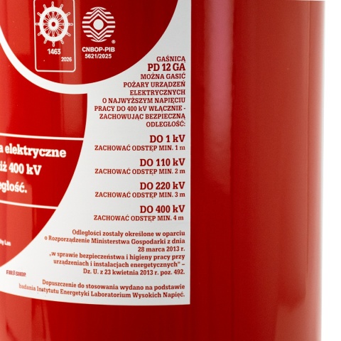 Etykieta gaśnicy Gloria GP 12x ABC z certyfikatem CNBOP i dopuszczeniem do gaszenia urządzeń elektrycznych do 400 kV.