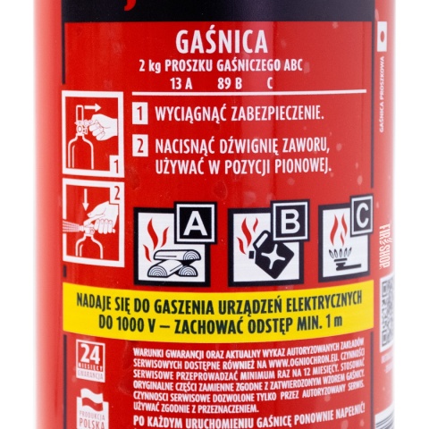 Czytelna etykieta gaśnicy GP-2x Ogniochron z instrukcją gaszenia pożarów typu ABC