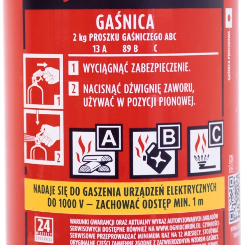 Etykieta gaśnicy proszkowej GP-2x ABC z grupami pożarów
