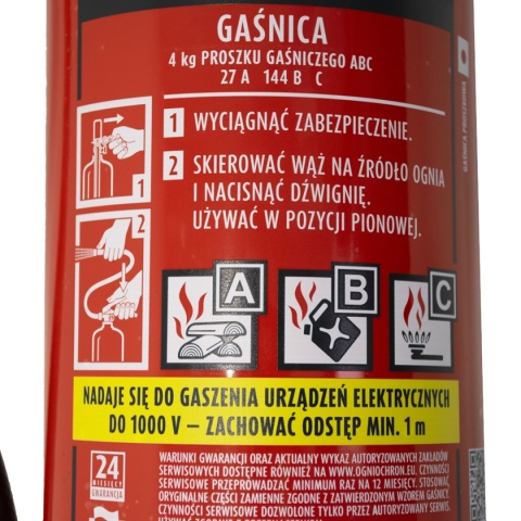 Czytelna etykieta gaśnicy 4kg GP-4x z instrukcją obsługi i grupami pożarów ABC