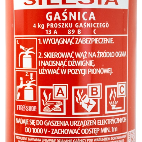 Etykieta informacyjna gaśnicy proszkowej GP-4x Silesia – instrukcja obsługi i grupy pożarów ABC