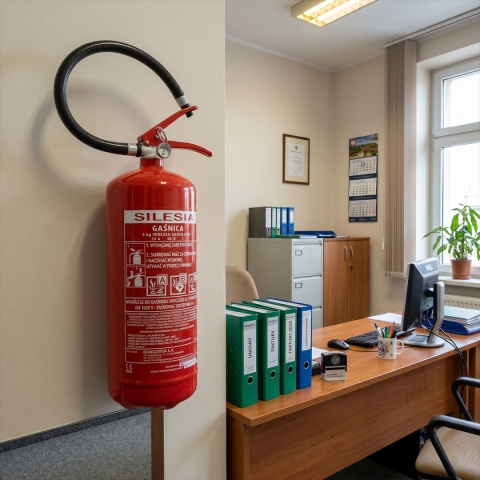 Gaśnica proszkowa 4kg GP-4x ABC Silesia zamontowana na ścianie w biurze – prawidłowe rozmieszczenie sprzętu ppoż obok stanowiska pracy.