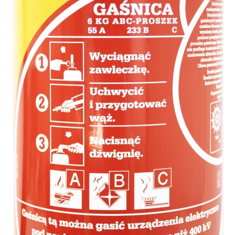 Etykieta gaśnicy proszkowej 6kg z czytelną instrukcją obsługi i oznaczeniem grup pożarów ABC