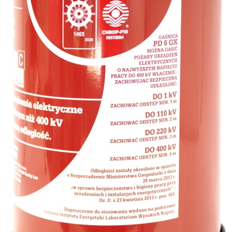 Etykieta techniczna gaśnicy PD 6 GX: atest CNBOP i dopuszczenie do gaszenia instalacji energetycznych do 400 kV