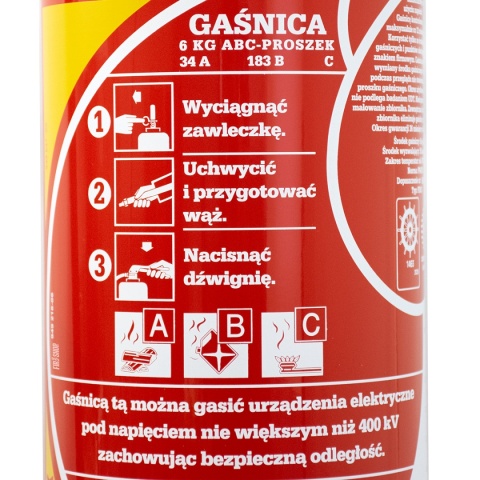 Etykieta gaśnicy proszkowej Gloria GP-6x ABC PDE 6 kg z instrukcją użycia i oznaczeniem skuteczności gaśniczej 34A 183B C.