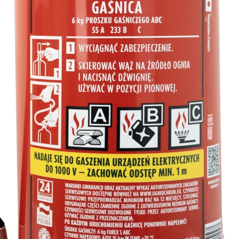 Etykieta z instrukcją gaśnicy proszkowej GP-6x ABC wraz z grupami pożarów.
