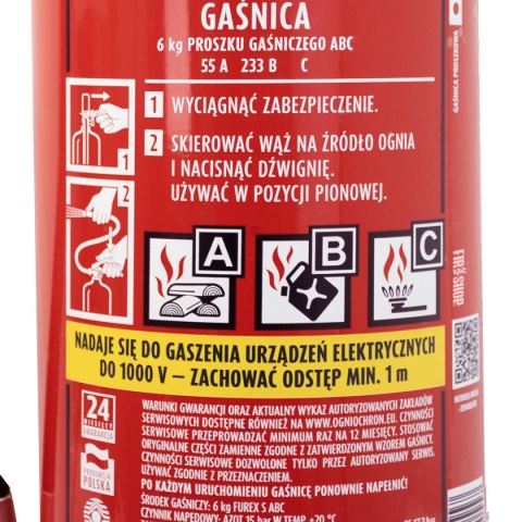 Etykieta z instrukcją gaśnicy proszkowej GP-6x ABC wraz z grupami pożarów.