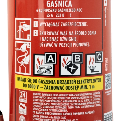 Etykieta z instrukcją gaśnicy proszkowej GP-6x ABC wraz z grupami pożarów.