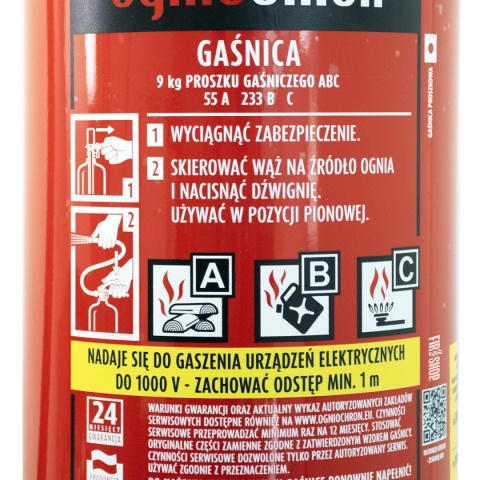 Instrukcja użytkowania gaśnicy GP-9x ABCE wraz z grupami gaszenia pożarów.
