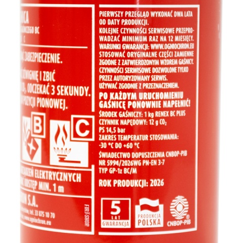 Gaśnica smochodowa GP 1Z BC - etykieta