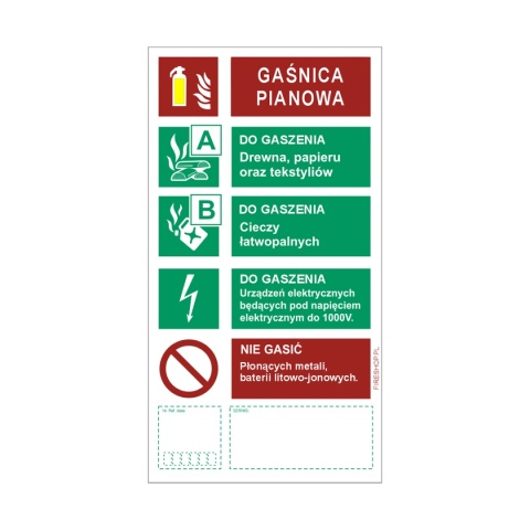 Znak opisowy gaśnicy pianowej 12S EXTRA 67x160 mm Folia