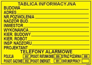 Znak Tablica inwestorska 700x450 żółta